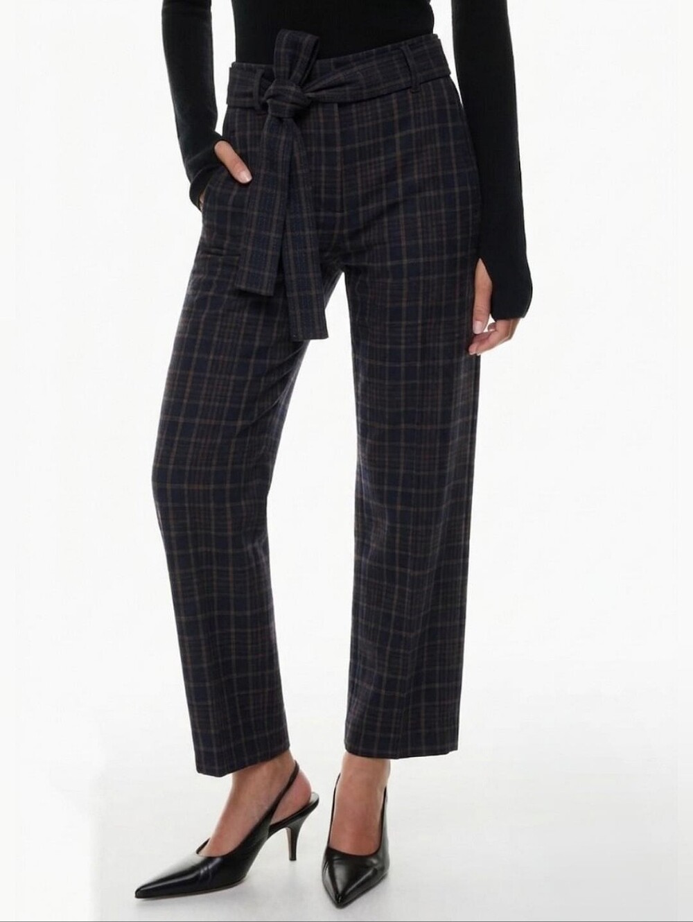 Aritzia Wilfred Tie-Front Pants Career Plaid Women's Size 6 Preppy Dark Academia